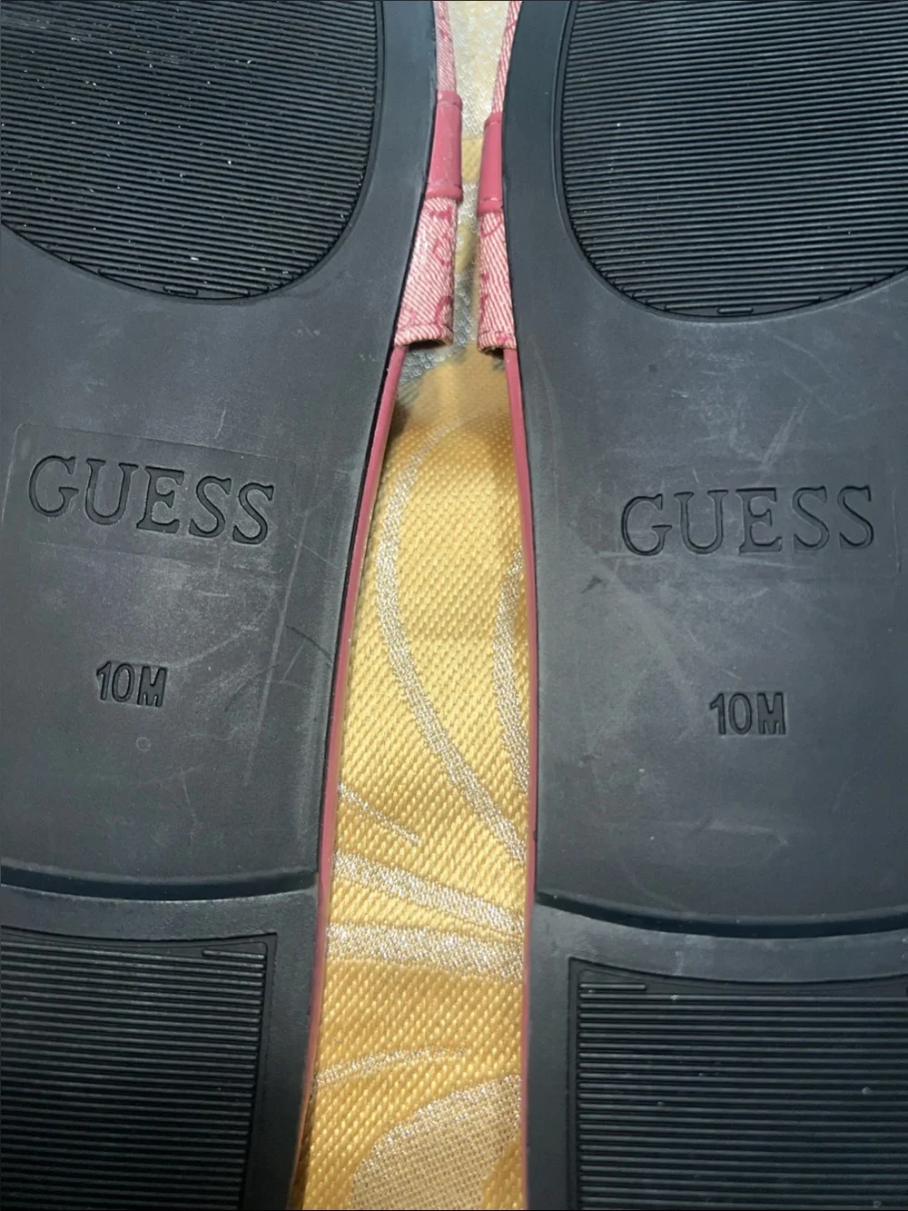 GUESS Hammond Pink Monogram Slides Sandals Gold Hatdware Size 10